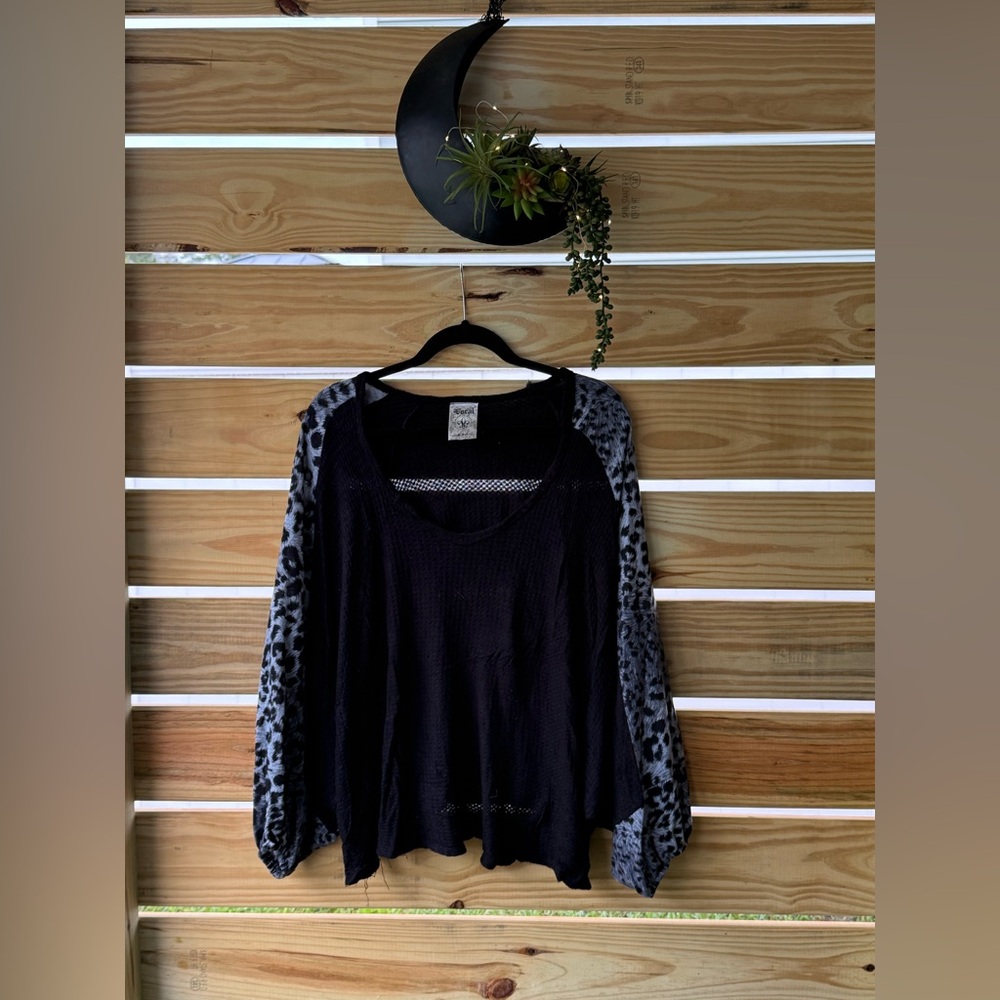 Vocal Black Blouse with Animal Print Sleeves